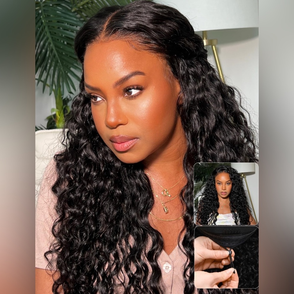 20”Human Hair with Invisible Drawstring Wet and Wavy Bye Bye Knots Glueless Wig
